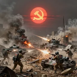 the forces of the american empire engaged in nuclear combat with the chinese communist party, devastating, post apocalyptic, in the style of ilya repin, shattered land, extreme details, hyperrealistic, maya render, blender, arthur, octane render, 8 k, dynamic lighting, red sun, ash, realistic, photograph, 2 0 mm
