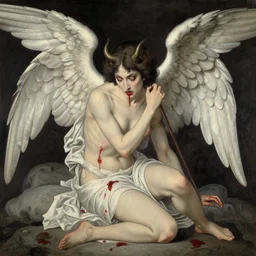 a demon attacking a bleeding angel, painting, extremely detailed, elegant, hyperrealistic, woodblock print