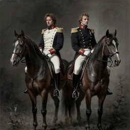 painting of john oliver and adam driver together, riding horse, stoic, full body, military uniform, fantasy, intricate, elegant, beautiful, highly detailed, charcoal, centered, dark, smokey, digital painting, artstation, concept art, smooth, sharp focus, illustration, art by artgerm, art by greg rutkowski, art by alphonse mucha