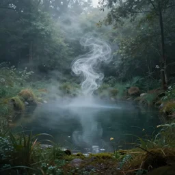 an amazing view of a little pond, etheric mood, matte painting, swirls of smoke and mist, high definition camera, colors by moebius
