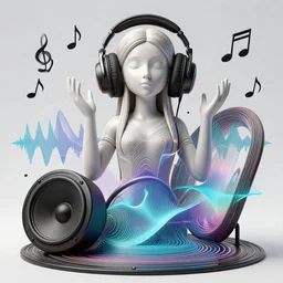 3 d goddess of music and 🔊 wide angle portrait with musical notes, headphones and torus geometry. subwoofer speaker, music, wave frequencies, cymatics. auditory symbiogenesis, synaesthesia, polyphonic communication, sonic projection, artwork by tooth wu and android jones wlop and android jones and beeple and greg rutkowski