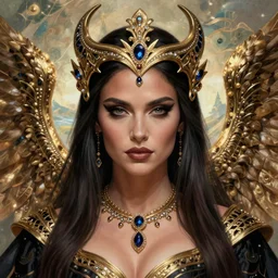 closeup portrait shot of a beautiful ana de armas, fallen angel, evil, fancy, luxurious, intricate, elegant, highly detailed, centered, digital painting, artstation, concept art, smooth, sharp focus, warframe, illustration, thomas kinkade, tomasz alen kopera, peter mohrbacher, donato giancola, leyendecker, boris vallejo, john howe, da vinci, beautiful ethereal landscape in the background