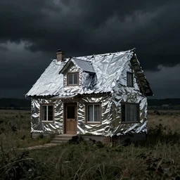 a house wrapped in foil in a middle of a field cinematic dark photography detailed creepy