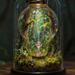 fantasy terrarium in a lightbulb, miniature forest, photorealistic, sharp, close up, digital painting by lee madgwick, trending on artstation