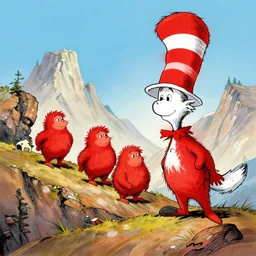Professional art, a stunning illustration of red goblins on a mountainside illustrated by Dr Suess