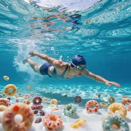 swimming out to sea, in a sea filled with vitamin d milk and oversized huge ( fruit loops ) cereal. just keep swimming. octane 3 d, ue 5, 4 k, award winning, dramatic lighting, subsurface scatter.