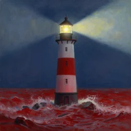 A beautiful painting of a singular lighthouse, shining its light across a tumultuous sea of blood by greg rutkowski and thomas kinkade, Trending on artstation.