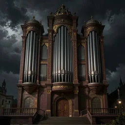 dark fantasy matte painting of a city-size pipe organ at night, dark stormy weather by beksinsky and Canaletto and Bellotto