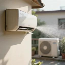 seen a profile wall with an air conditioner in the room and an air conditioner on the terrace with water spray faded, depth of field, sunny, ultra realistic, very detailed, 8 k hyper realistic detailed cinematic still by nadav kander