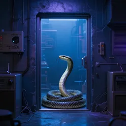 A cyberpunk shed with a snake sitting by the door