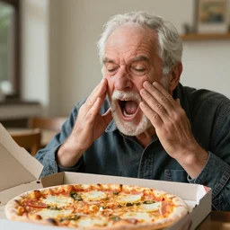 old man screaming at a pizza