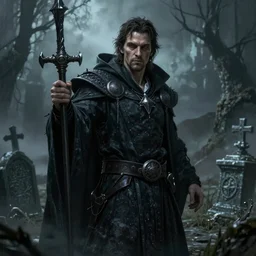 A fantasy comic book style portrait painting of Christian Bale as a necromancer in a creepy misty graveyard setting, unreal 5, DAZ, hyperrealistic, octane render, RPG portrait, dynamic lighting