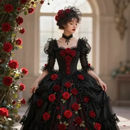 black dress in the style of rococo ， victorian era ， red roses element ， dreamy, soft, backlight, luminescence ， highly detailed, 8 k h 1 0 2 4