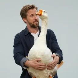 ryan gosling fused with a goose, bird with arms, humanoid goose, natural light, bloom, detailed face, magazine, press, photo, steve mccurry, david lazar, canon, nikon, focus
