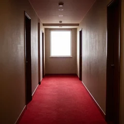 an erie hotel corridor with red carpet, at the end of the corridor the light comes from a window, dust particles in the air