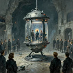 teleportation machine in a dystopian world, with citizens using it to escape the oppressive government by edouard manet and simon stalenhag