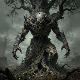 vengeful tree monster, decayed, deforested, evil, dark fantasy, highly detailed, smooth, matte painting, by leonardo da vinci, frank franzzeta, artistic render, vaporwave