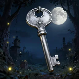 a very large silver key. fine detail. realistic. fireflies. full moon. folk horror art style. alice in wonderland