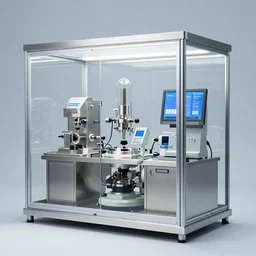 a plant incubator made of glass, stainless steel, precision instruments and screens. there is a pine bonsai inside. there are many transparent hoses in the glass fiber reinforced plastic. the hoses are filled with water and mist. the ultraviolet lamp illuminates the pine trees above the box, highly detailed