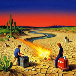 the 👽 🛸💥 site at a 🏜 dry river bed by ivan shishkin and zacharias aagaard and simon stalenhag and escher, chiaroscuro, tonalism, sfumato, high saturation, high contrast, vibrant, retrowave, 🦿 👨💻👩🚒🧑🔧🌵🪨🌇