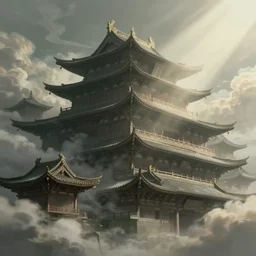 cyberpunk chinese ancient architecture, muted color, cornices of ancient buildings in the tang dynasty, art by moebius, artstation trending, gorgeous clouds, god rays, fantasy art, octane render, ureal engine, japanese animation, mist, hyperdetailed,.