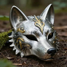 an ornate wolf mask made of brushed titanium, detailed with black filagree and goldleaf decorative elements, sitting on the forrest floor with vegetation growing up around it, ink lineart by peter mohrbacher, painstaking detail, black lacquer, glossy shiny reflective, splashed with graffiti art