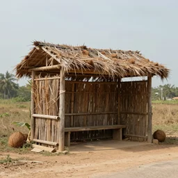 an concept art illustration, photorealistic makeshift coconut shed, bus stop in the middle of a dirt road, ultra realistic, style by wlop, trending in artstation, cgsociety, octane render, ultra sharp, concept illustration, digital painting, 8 k