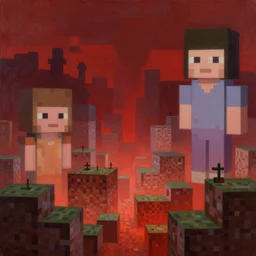 A Dithered Minecraft Landscape with some buildings, a painting by Takashi Murakami, Chiho Aoshima, Yoshitomo Nara and Aya Takano, Superflat art movement, ethereal, chiaroscuro, autochrome, soft pastel colors, pastel oil inks, realistic lighting, oil painting, heavy imaspto technique, scarlet, infernal, despair, omnious, chiaroscuro