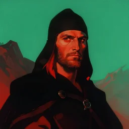 portrait of barbarian on mountain, coherent! by mariusz lewandowski, by frank frazetta, deep color, strong line, red green black teal, minimalism, high contrast