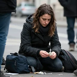 homeless anne hidalgo beg for money, realistic, cinematic