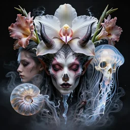 3 d head shot portrait of the face of a demon, giant orchid flower, giant gladiola, high contrast and sharpness, jellyfish face skull phoenix bird, translucent, nautilus, smoke and water energy flow. highly detailed, epic. octane render, excellent composition, by wlop, tooth wu, greg rutkowski, beeple