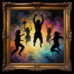 a baroque neoclassicist close - up painting of people jumping out of picture frames. silhouette, reflective detailed textures. glowing colorful fog, black background. highly detailed fantasy science fiction painting by moebius, norman rockwell, frank frazetta, and syd mead. rich colors, high contrast. artstation