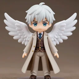 nendoroid aziraphale from good omens, good omens tv series, white curly short hair, beige suit, long coat, brown tartan vest, white wings, michael sheen