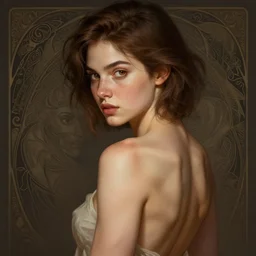 portrait of a young woman, light freckles, soft features, muscular, half body, cloth, hazel eyes, short brown hair, thick eyebrows, back light, d & d, fantasy, intricate, highly detailed, digital painting, artstation, concept art, smooth, sharp focus, illustration, art by artgerm and greg rutkowski and alphonse mucha