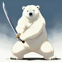 a determined polar bear shogun drawing his sword, anime style