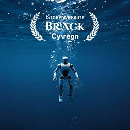 deep underwater photo with nothing but water and bubbles and a tiny cyborg in the center. Cinematic post-processing. Award winning