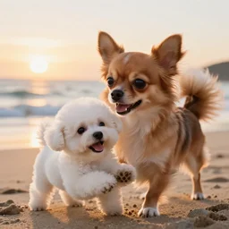 a photorealistic closeup image of a cute brown colored long haired chihuahua cocker spaniel dog playing with a happy white bichon frise puppy on the beach. sunset, surf. brightly lit. extreme detail. epic composition. 4 k hd unreal engine