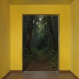 a portal in a yellow room that leads into a dark and gloomy forest, oil Painting, digital Painting, ultradetailed, artstation