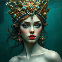 portrait of beautiful mermaid underwater by irakli nadar with intricate detailed color smashing fluid oil paint and acrylic, ornate headdress made of gold and gems stones, haunting, elite, elegant, melting wax, mycelia, abstract impressionism, ruan jia, dark fantasy, hyper detailed, concept art, by gustav klimt,