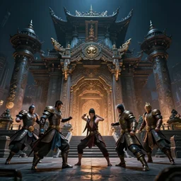 high detail, hyperrealisitic, photo of a showdown in a futuristic temple at night in the style of john wu