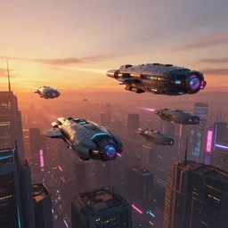 Flying spaceships over a cyberpunk city at sunset by Sparth, neon lights, concept art, artstation