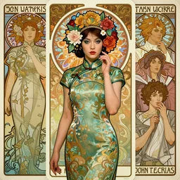 full figure portrait of a beautiful mysterious chinese in cheongsam with flowery headgear, by eve ventrue, michael carson, andreas rochas, john watkiss, casey weldon, artgerm. art nouveau. tarot card by mucha. gloomhaven. swirly intricate linework background. gaudy colors, sharp edges. octane render