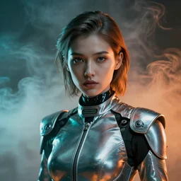 ( ( symmetry ) ) closeup portrait of a chrome stunning cyborg girl, racer jumpsuit with shoulder pads, strong cinematic light, teal orange, viscous volumetric smoke, mist, by gerald brom, by mikhail vrubel, by peter elson, muted colors, extreme detail, trending on artstation, 8 k