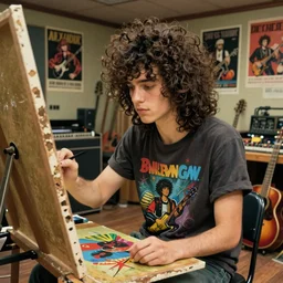 a pretty punk rock young man with messy very long curly dark brown hair and a band tee painting in a vintage 80s artist studio interior, old wood floors, musical instruments and band posters, messy maximalist interior, warm, painting by Craig Mullins, octane rendering, soft morning lighting, wide angle lens, low view, in the style of Hayao Miyazaki, trending on artstation,