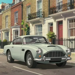 a wholesome animation key shot of one focused short shrunk aston martin db 5, in a rich london mews residential street, waist height, medium range, studio ghibli, ( pixar ) and disney animation, sharp, very detailed, unreal engine 5 render, bloom, high resolution, anime key art by greg rutkowski