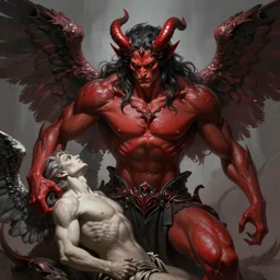 portrait of aggressive demonic damned heracles slaying an angel, d & d, muscular! athetic slim bodybuilder, red and black, futuristic, fantasy, intricate, elegant, highly detailed, digital painting, artstation, concept art, smooth, sharp focus, illustration, art by artgerm and greg rutkowski and alphonse mucha