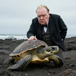 An astonished confounded Winston Churchill discovers the first turtle ever in Galapagos, British Museum, national geographic, BBC, XF IQ4, f/3.2, ISO 200, 1/160s, 8K, RAW, unedited, face retouched, AI enhanced