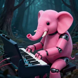 a horrific pink elephant cyborg playing piano in a dark forest, arduino, button potenciometers, cables nightmare
