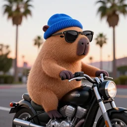 a photorealistic photograph of a knitted cute Capybara wearing sunglasses and dressed in a blue beanie cap in addition to riding on a black motorcycle in Hollywood at dusk. Palm trees in the background. This 4K HD image is Trending on Artstation, featured on Behance, well-rendered, extra crisp, features intricate detail and the style of Unreal Engine.