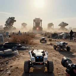 a first person view of few broken boston dynamics wheeled robots, in a big scrap yards of robots, 5 gigantic contraptions in the horizon, electric sparks, cemetery, dried up bushes, polluted land, cables stacked on the ground, dust bowl, heat haze mirage, blinding sun, dust storm in the horizon, reporter, live footage, canon lens, depth of field, ektachrome